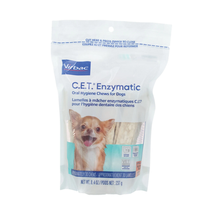 C.E.T.® Enzymatic Oral Hygiene Chews for Dogs,"Resealable chew pouch with small dog image and visible chews"