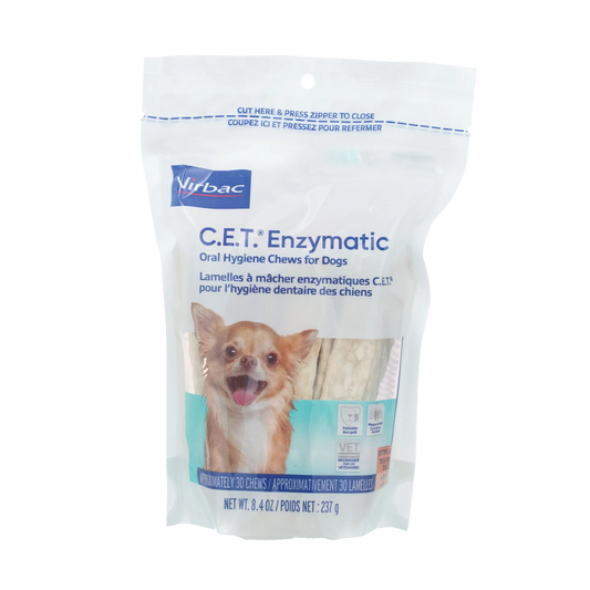 C.E.T.® Enzymatic Oral Hygiene Chews for Dogs,"Resealable chew pouch with small dog image and visible chews"