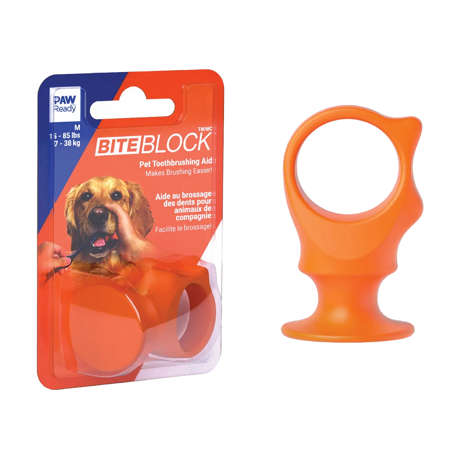 BrushMate Biteblock,"Orange pet bite block in blister packaging"