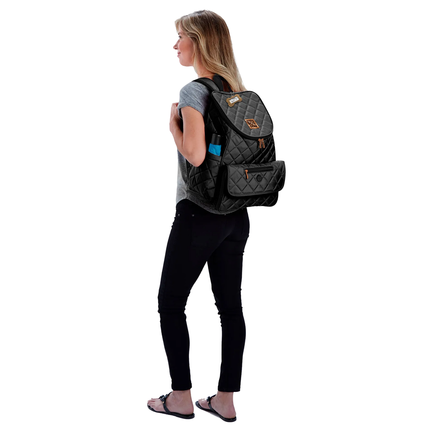 Weekender Backpack,"Quilted backpack with shoulder strap, front pocket, and side pockets"