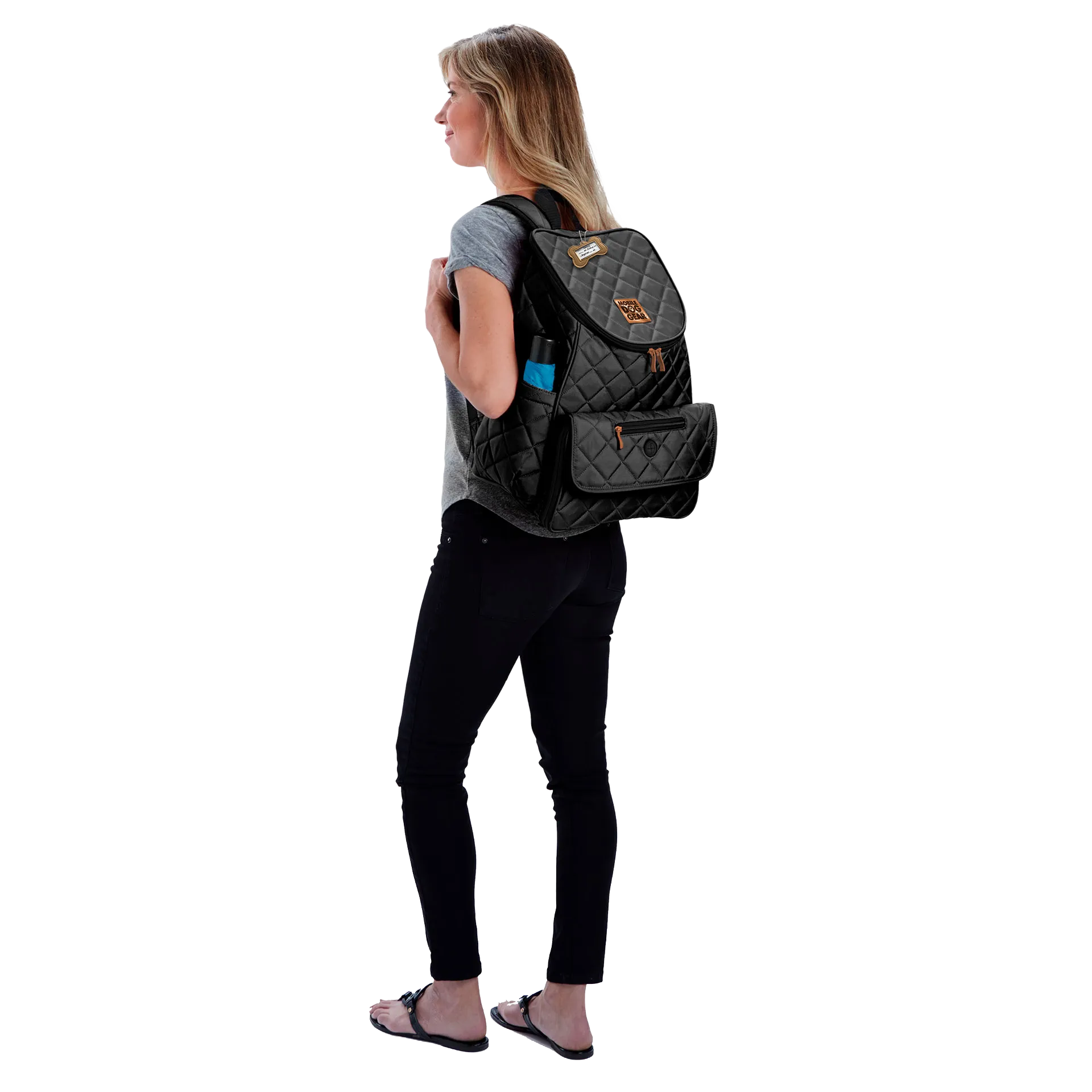 Weekender Backpack,"Quilted backpack with shoulder strap, front pocket, and side pockets"