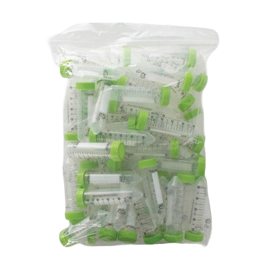 50 ml VWR Ultra High Performance Centrifuge Tubes Sterile, Conical End,"Clear conical centrifuge tubes in sealed bag with green caps"