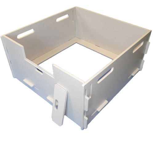 MagnaBox Whelping Box,"White box with side handles and front entry panel"