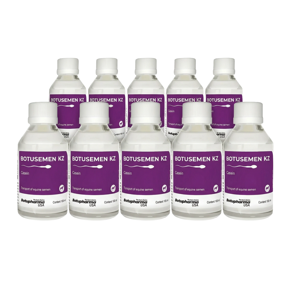 BotuSemen KZ,"Ten white bottles with purple labels in two rows"