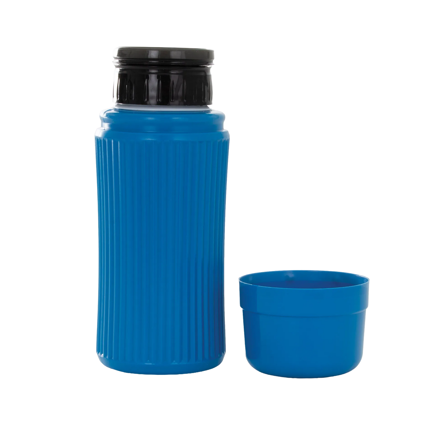 AV Blue Collection Bottle,"Blue bottle with black cap and separate blue cup lid"