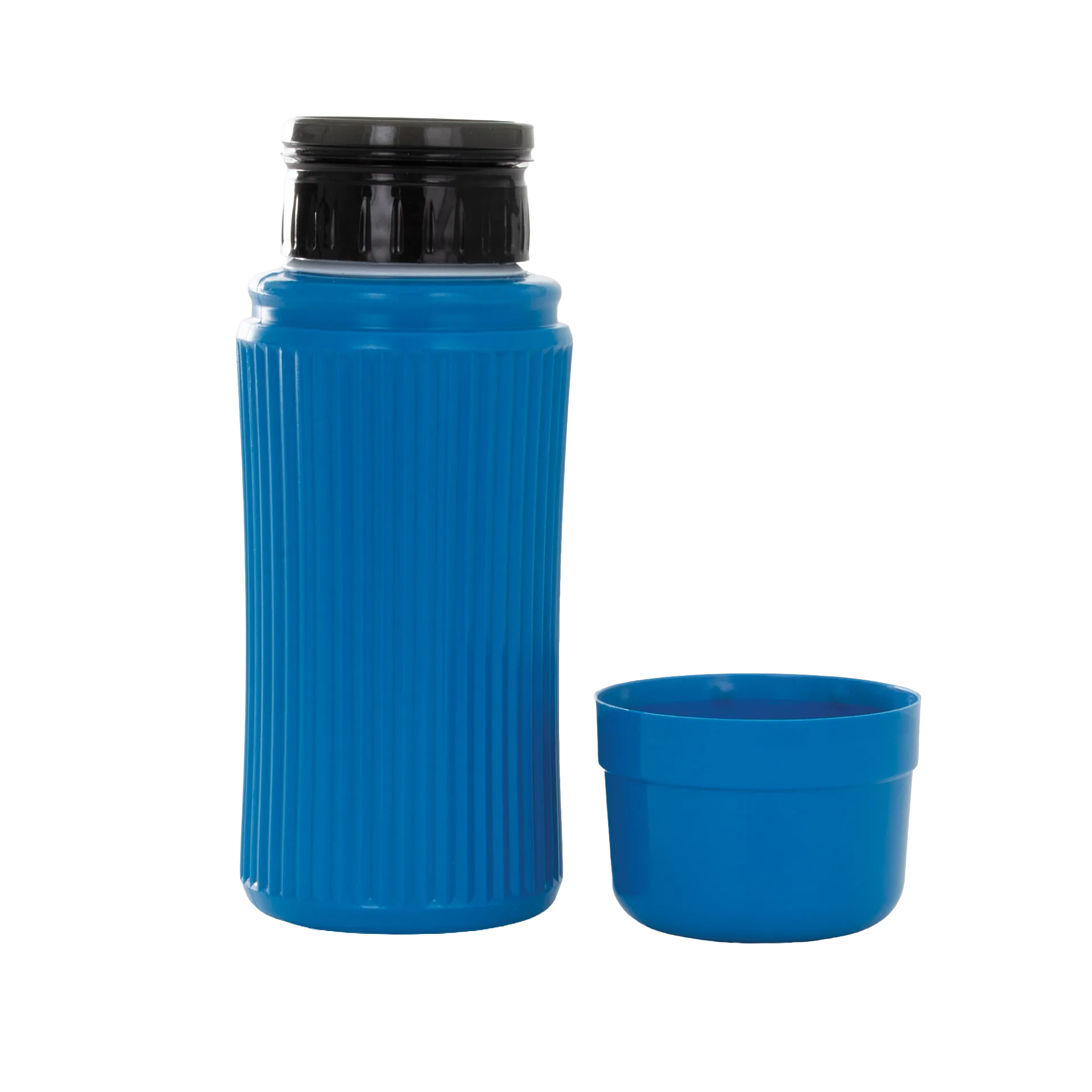 AV Blue Collection Bottle,"Blue bottle with black cap and separate blue cup lid"
