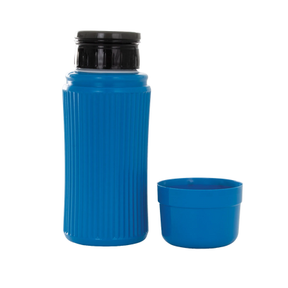 AV Blue Collection Bottle,"Blue bottle with black cap and separate blue cup lid"