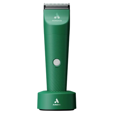 Vida Green Cordless Clipper by Andis,"Green cordless clipper standing on charging base"