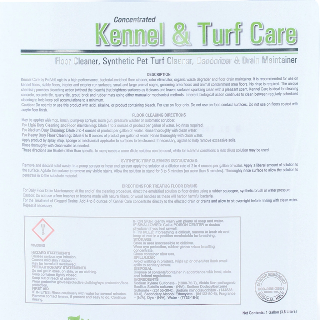 Kennel & Turf Care,"Product label close-up with directions and warning panel"
