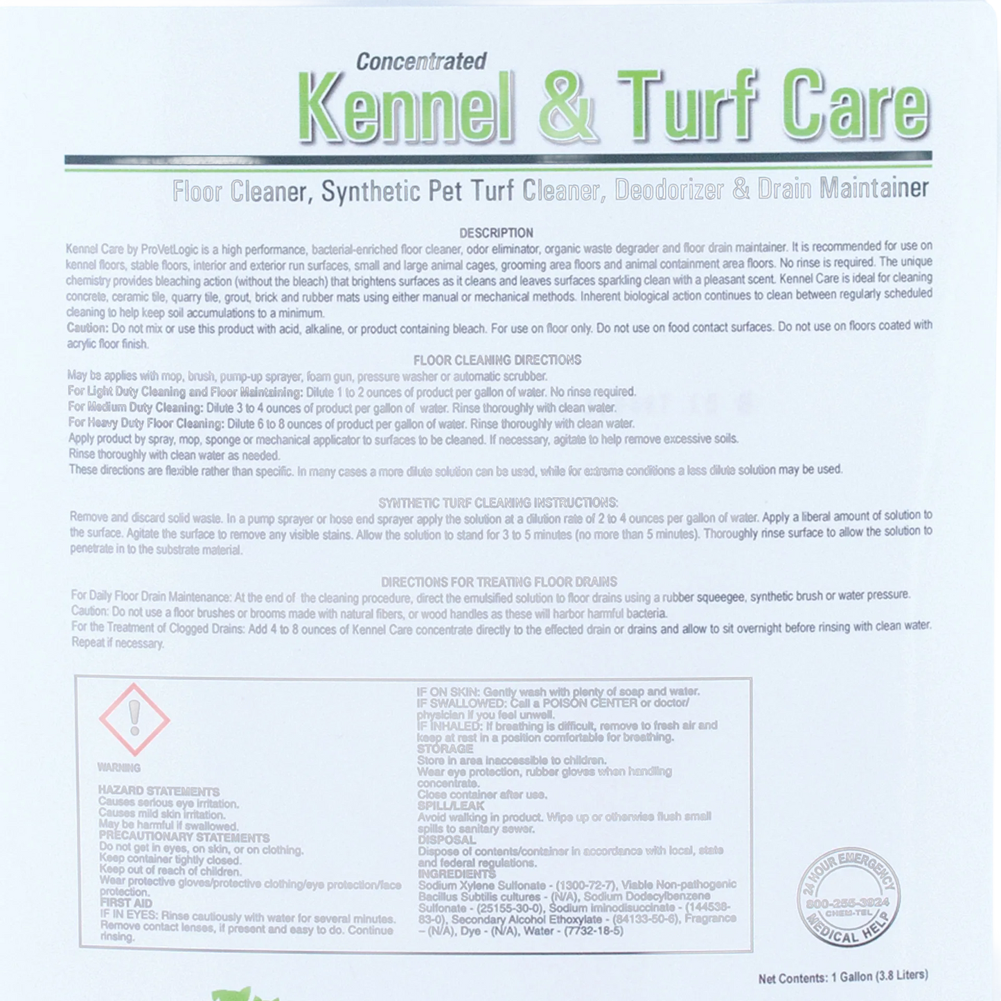 Kennel & Turf Care,"Product label close-up with directions and warning panel"