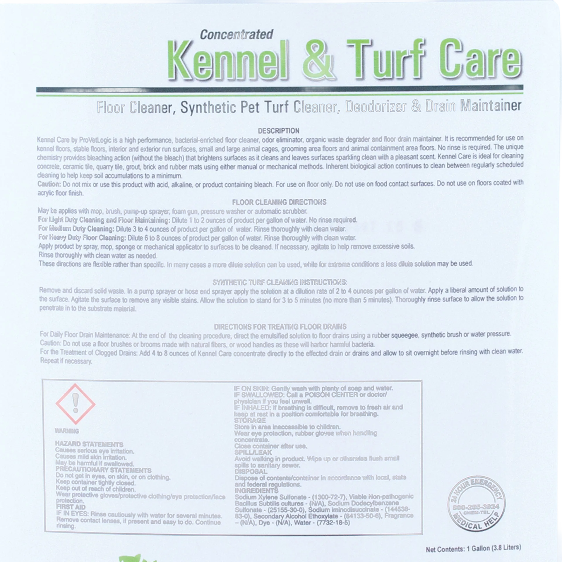 Kennel & Turf Care,"Product label close-up with directions and warning panel"