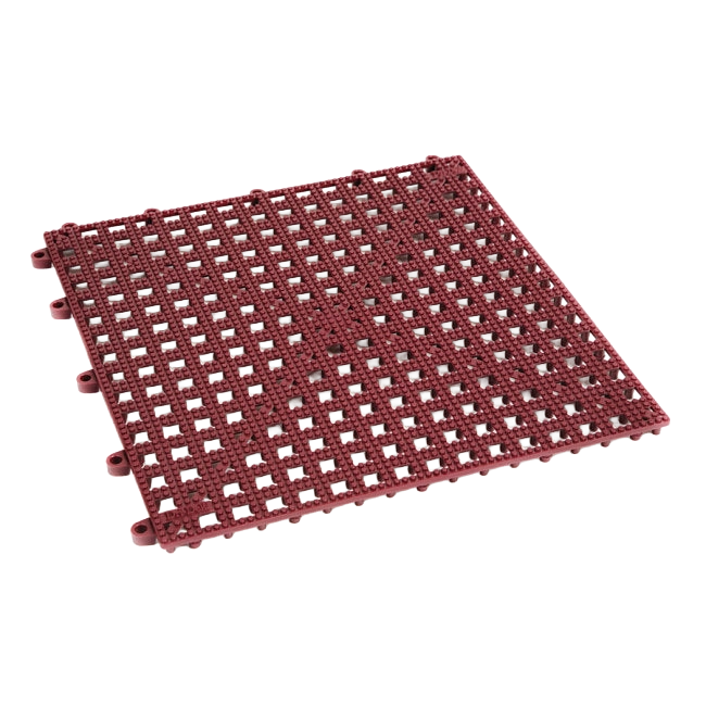 Dri-Dek® Flooring,"Red interlocking floor tile with raised grid surface"
