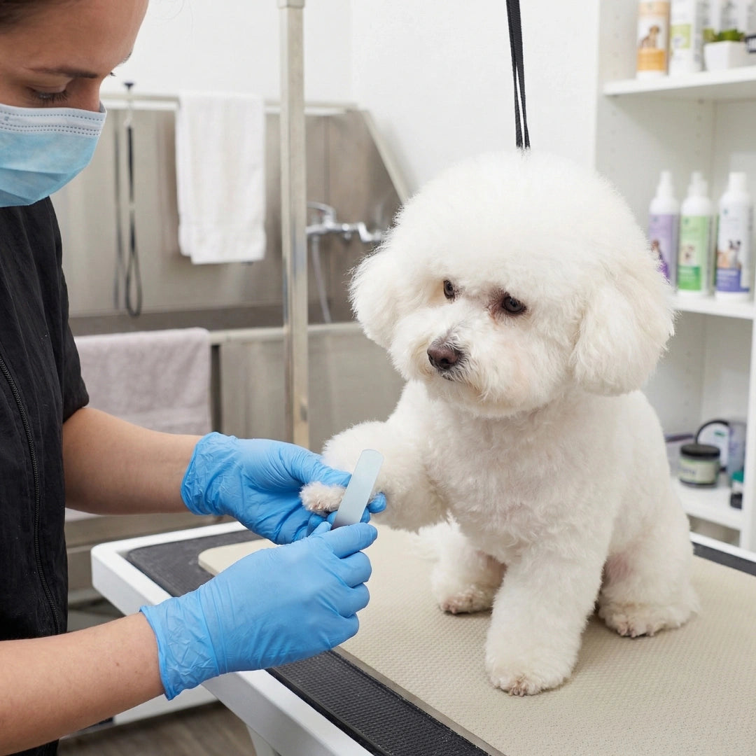 Glass Nail File,"Person filing a small white dog's paw on grooming table"