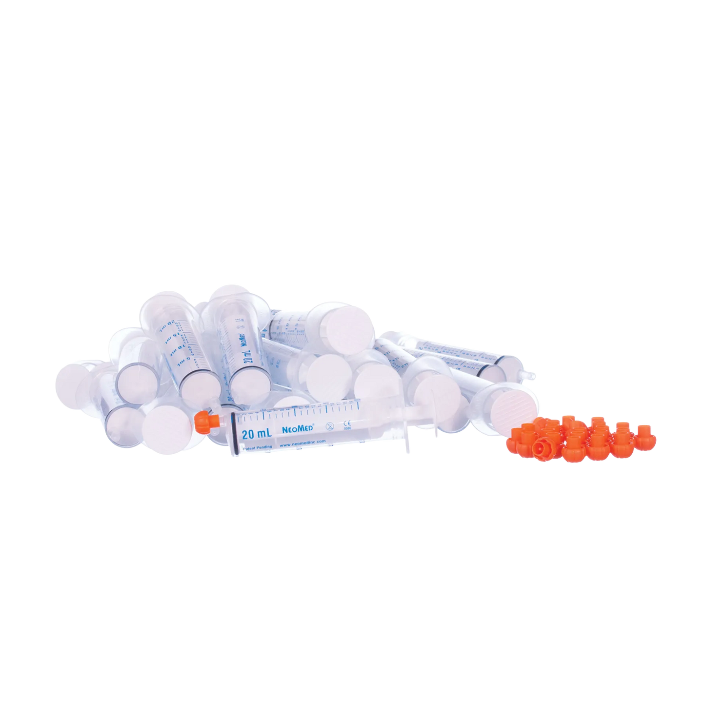 O-Ring Syringe,"Bulk pile of clear syringes with orange caps"