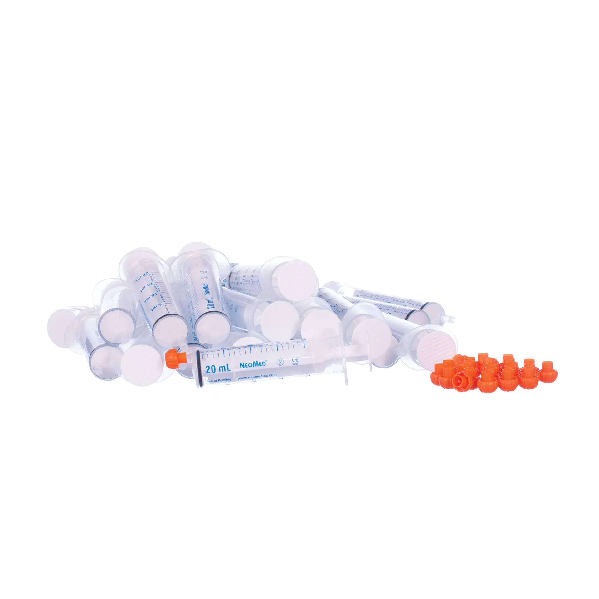 O-Ring Syringe,"Bulk pile of clear syringes with orange caps"