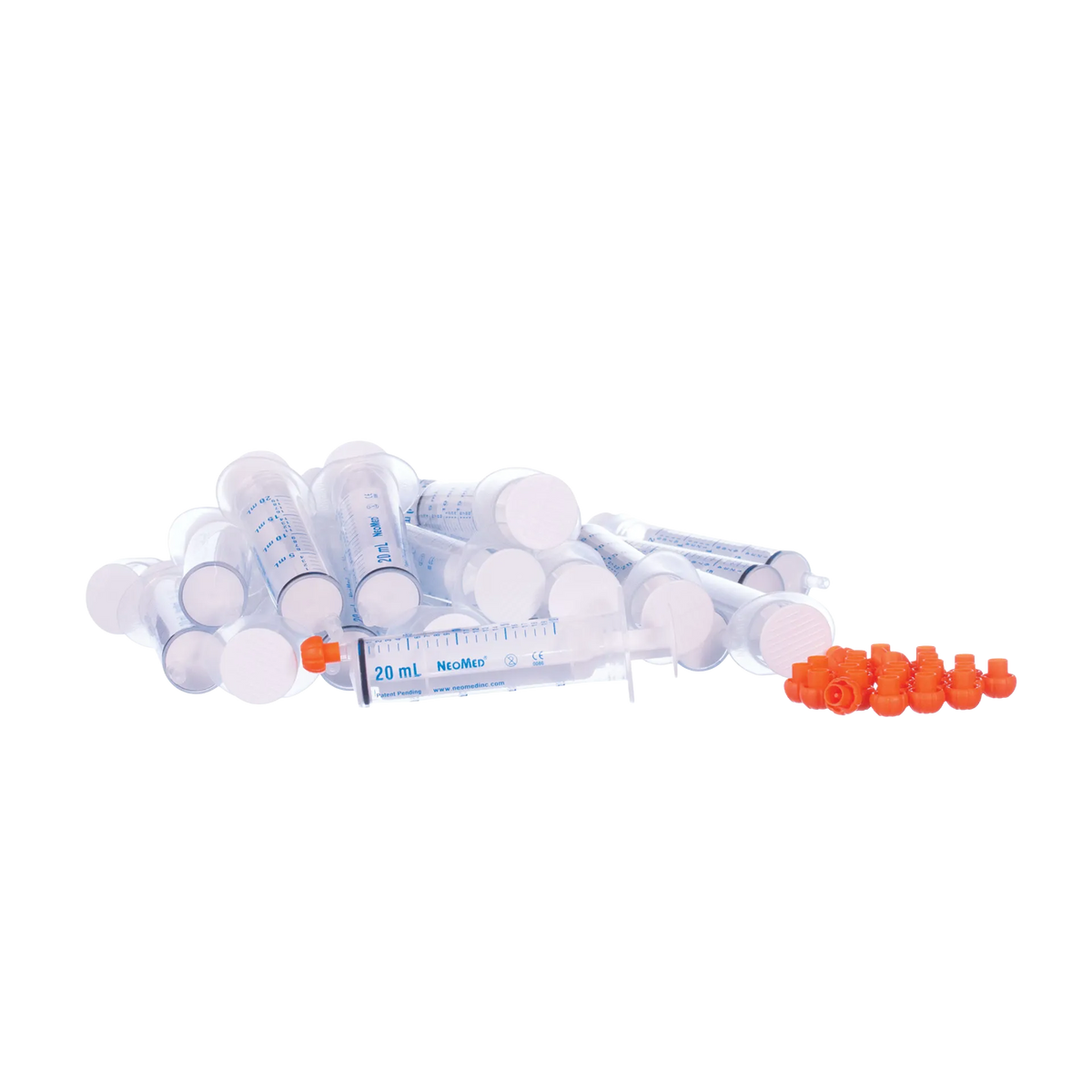 O-Ring Syringe,"Bulk pile of clear syringes with orange caps"