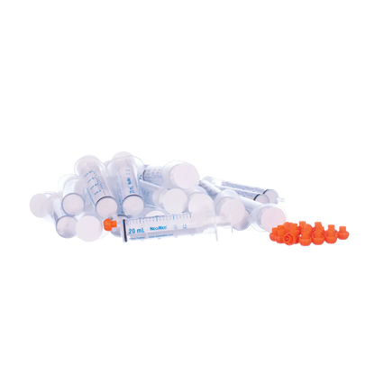 O-Ring Syringe,"Bulk pile of clear syringes with orange caps"