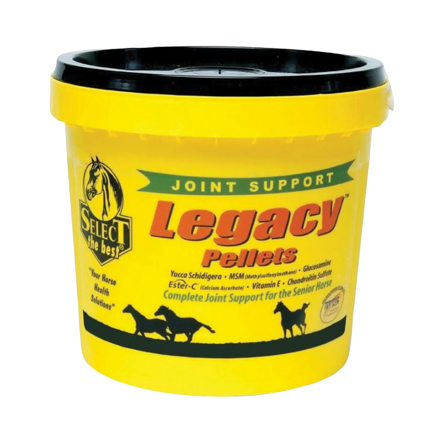 Legacy Joint Support for Senior Horses,"Yellow supplement pellet tub with black lid"