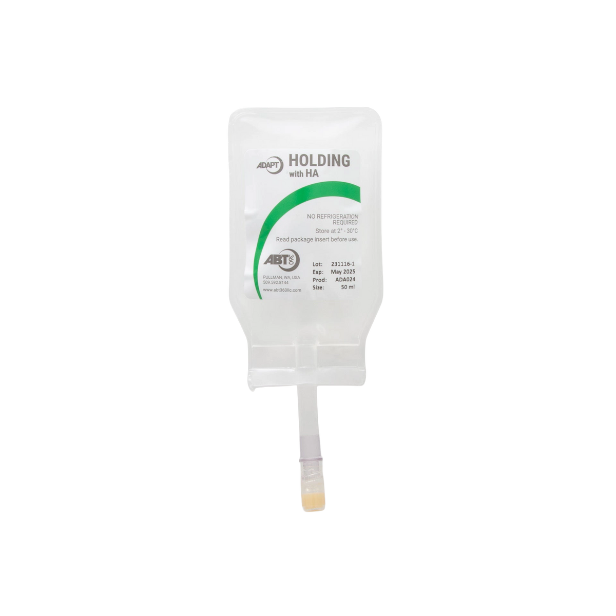 ABT360 Holding Media Adapt with HA,"Clear hanging fluid bag with tubing and yellow cap"