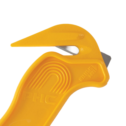 Plastic Wrap Cutter,"Yellow handheld cutter with exposed metal blade"