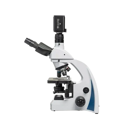 BioVID 4K 8MP Ultra HD Microscope Camera,"Black camera mounted on microscope eyepiece"