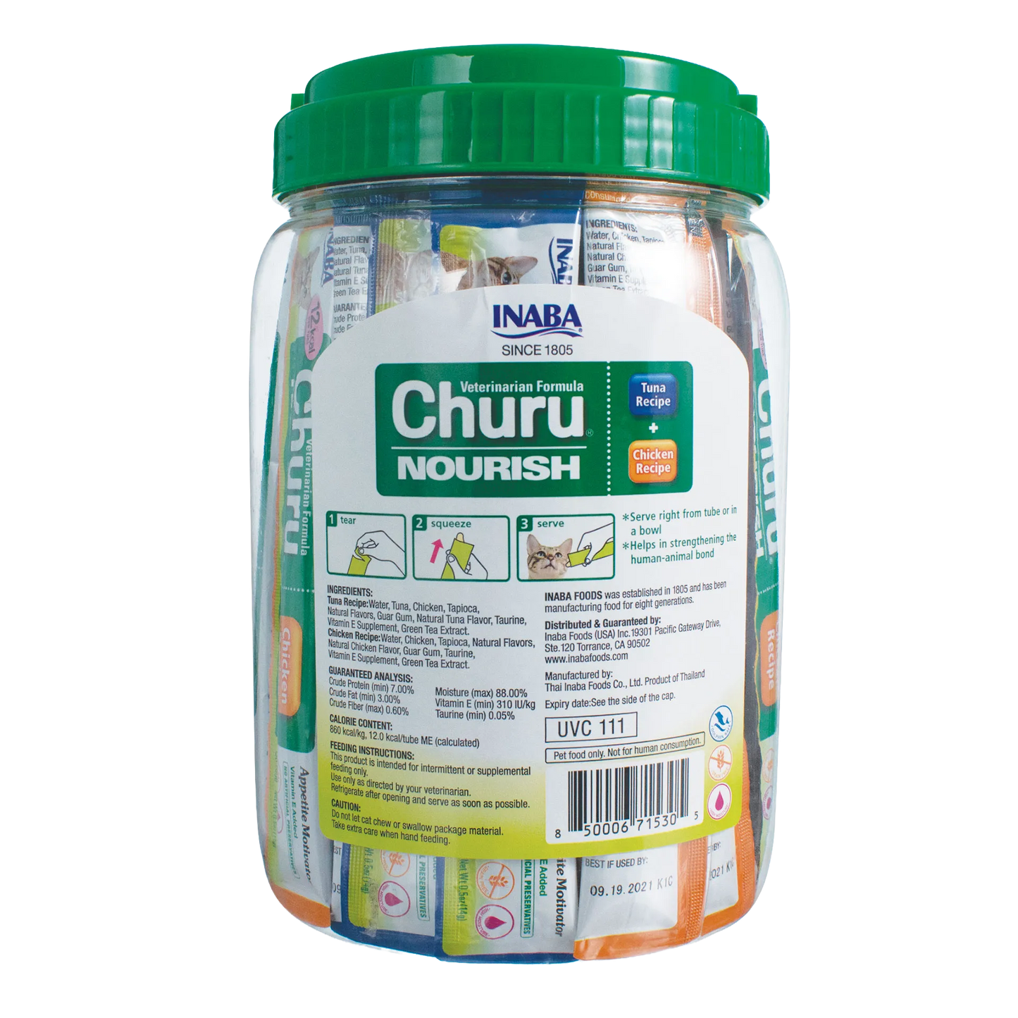 Inaba® Churu® Cat Treats,"Clear plastic jar with green lid and treat tubes"