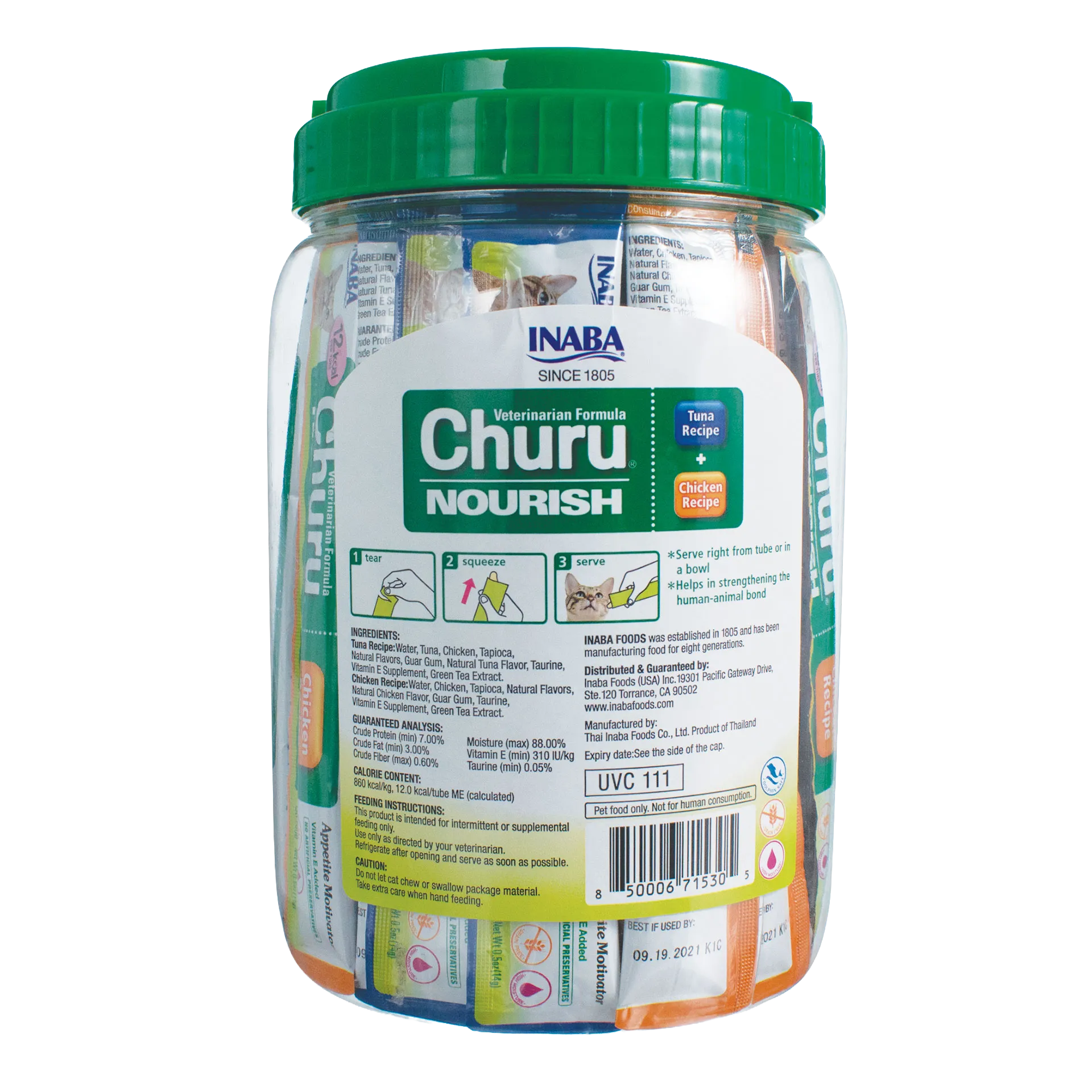 Inaba® Churu® Cat Treats,"Clear plastic jar with green lid and treat tubes"