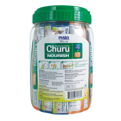 Inaba® Churu® Cat Treats,"Clear plastic jar with green lid and treat tubes"