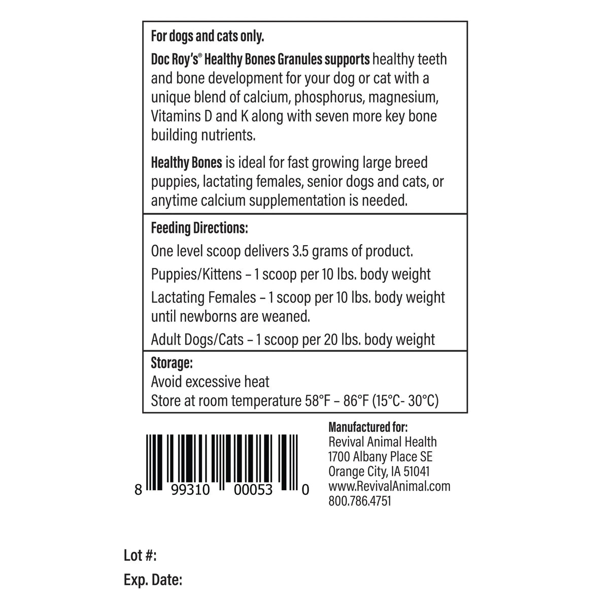 Doc Roy's® Healthy Bones - Bone Health Vitamins for Dogs & Cats,"Back label view of bottle with feeding directions and barcode"