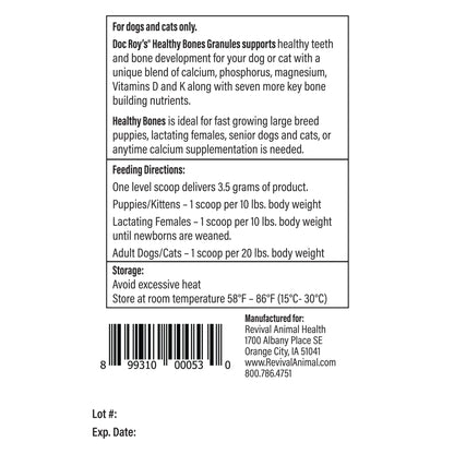 Doc Roy's® Healthy Bones - Bone Health Vitamins for Dogs & Cats,"Back label view of bottle with feeding directions and barcode"