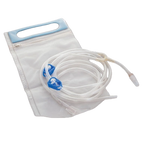 Flush Bag with Y-Junction,"Clear flush bag with coiled tubing and blue clamps"