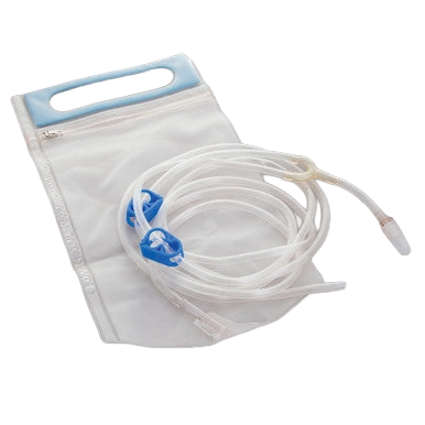 Flush Bag with Y-Junction,"Clear flush bag with coiled tubing and blue clamps"
