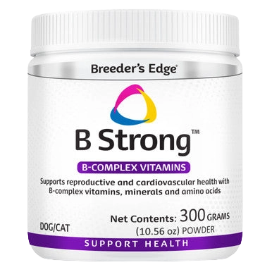 Breeder's Edge® B Strong™,"White supplement powder jar with screw-top lid"
