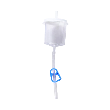 Em Con Flush Filter,"Clear flush filter with attached tube and blue clamp"