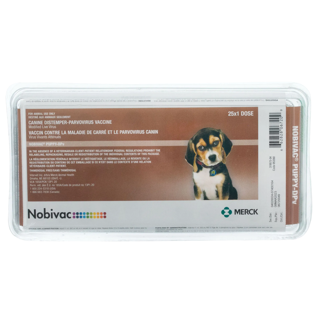 Nobivac® Puppy-DPv,"Plastic blister pack with box insert featuring puppy image"
