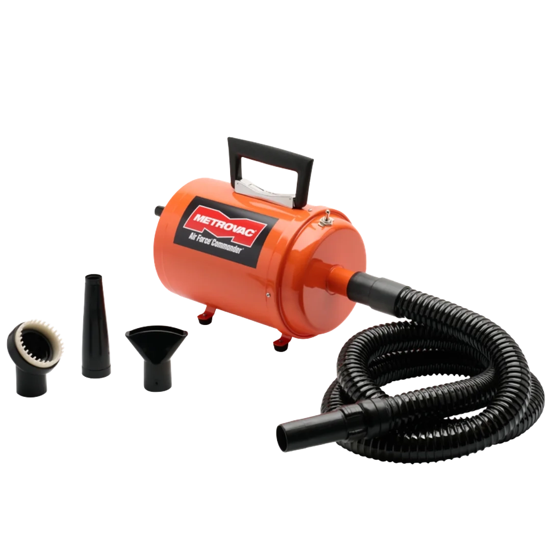 Air Force Commander Variable Speed Dryer,"Orange dryer with black hose and three nozzle attachments"