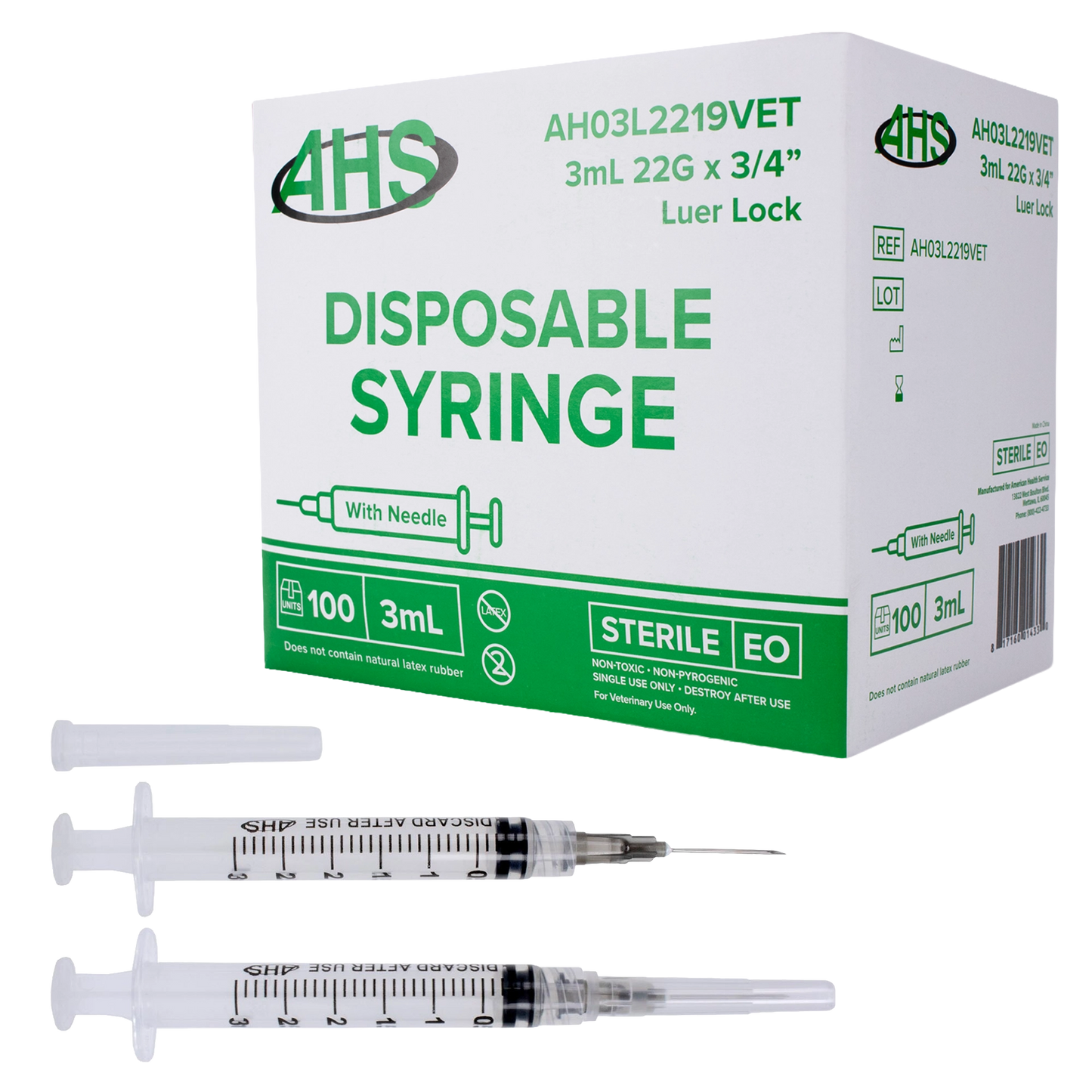 Syringe & Needle, 3mL, Luer Lock, Hypodermic, Vet Use, by American Health Service,"Two clear syringes with attached needles and product box"