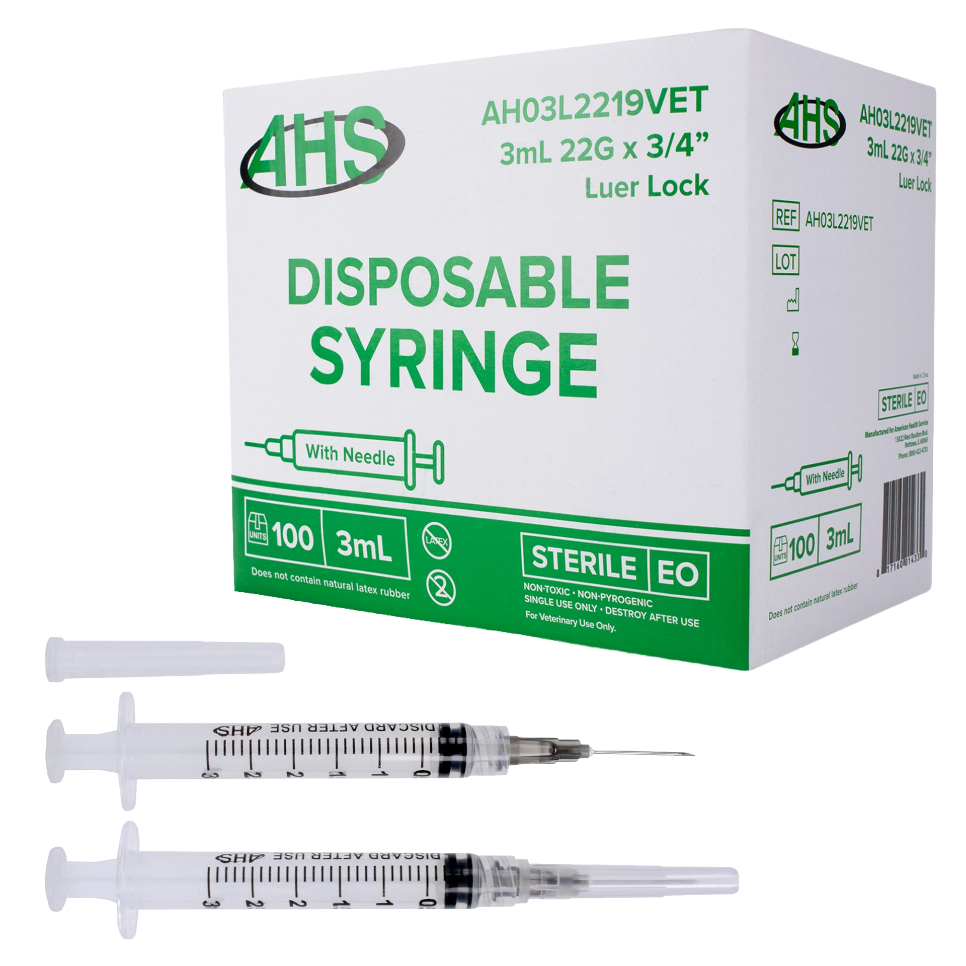 Syringe & Needle, 3mL, Luer Lock, Hypodermic, Vet Use, by American Health Service,"Two clear syringes with attached needles and product box"