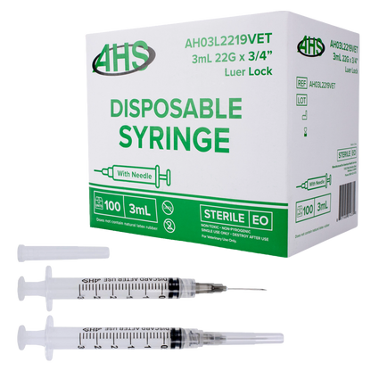 Syringe & Needle, 3mL, Luer Lock, Hypodermic, Vet Use, by American Health Service,"Two clear syringes with attached needles and product box"