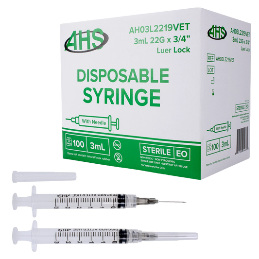 Syringe & Needle, 3mL, Luer Lock, Hypodermic, Vet Use, by American Health Service,"Two clear syringes with attached needles and product box"