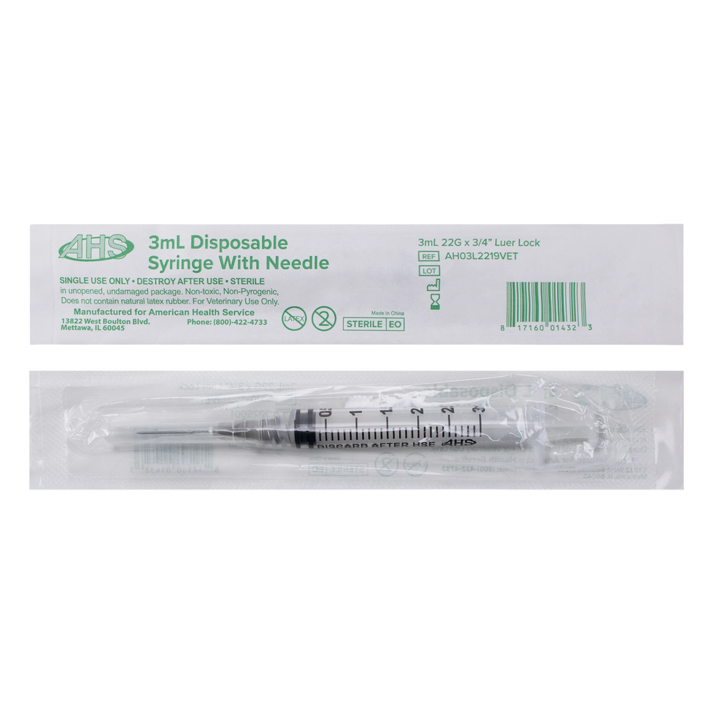 Syringe & Needle, 3mL, Luer Lock, Hypodermic, Vet Use, by American Health Service,"Individually wrapped syringe with attached needle and package front"