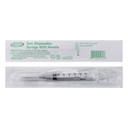 Syringe & Needle, 3mL, Luer Lock, Hypodermic, Vet Use, by American Health Service,"Individually wrapped syringe with attached needle and package front"