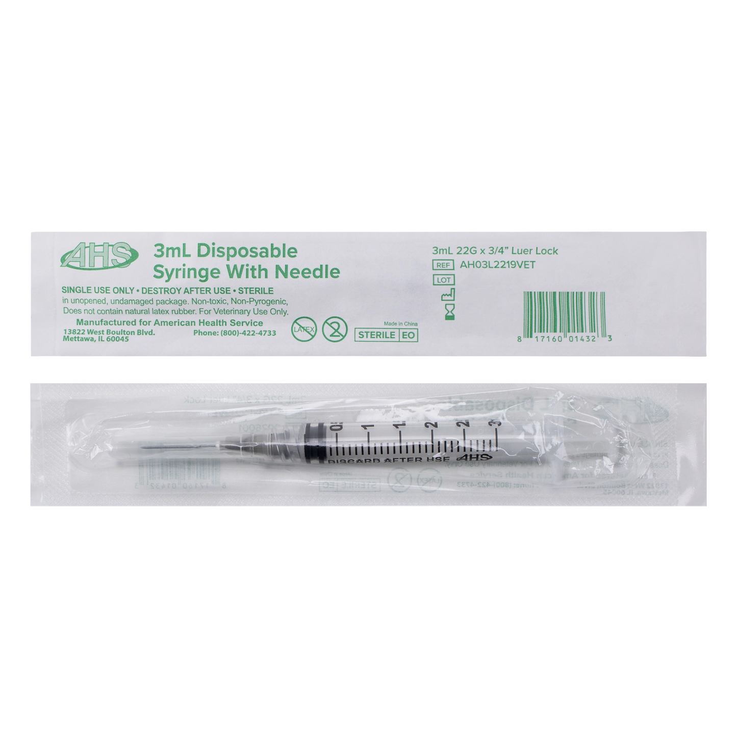 Syringe & Needle, 3mL, Luer Lock, Hypodermic, Vet Use, by American Health Service,"Individually wrapped syringe with attached needle and package front"