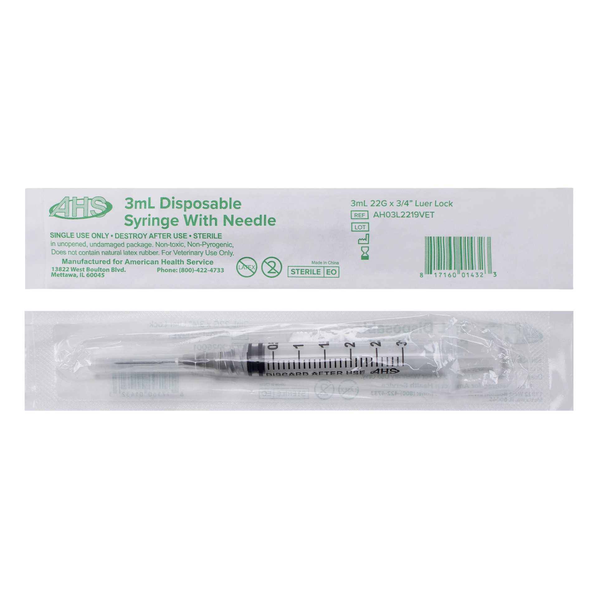 Syringe & Needle, 3mL, Luer Lock, Hypodermic, Vet Use, by American Health Service,"Individually wrapped syringe with attached needle and package front"
