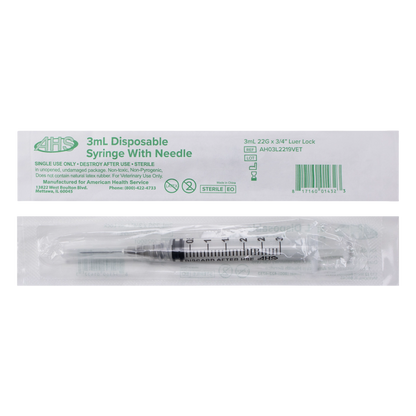 Syringe & Needle, 3mL, Luer Lock, Hypodermic, Vet Use, by American Health Service,"Individually wrapped syringe with attached needle and package front"