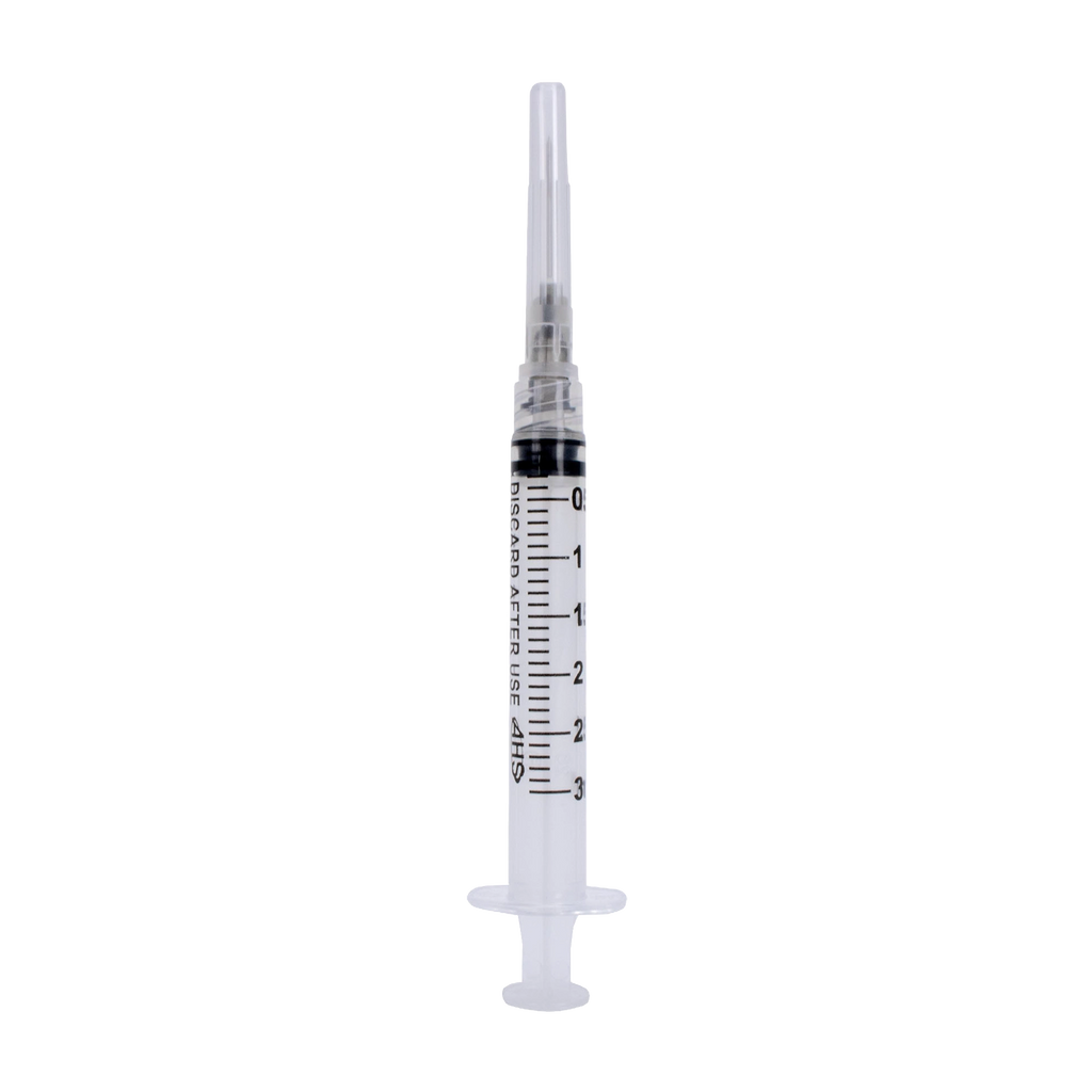 Syringe & Needle, 3mL, Luer Lock, Hypodermic, Vet Use, by American Health Service,"Clear syringe with capped needle"