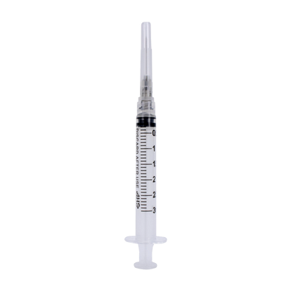 Syringe & Needle, 3mL, Luer Lock, Hypodermic, Vet Use, by American Health Service,"Clear syringe with capped needle"