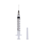 Syringe & Needle, 3mL, Luer Lock, Hypodermic, Vet Use, by American Health Service,"Clear syringe with attached needle and separate cap"