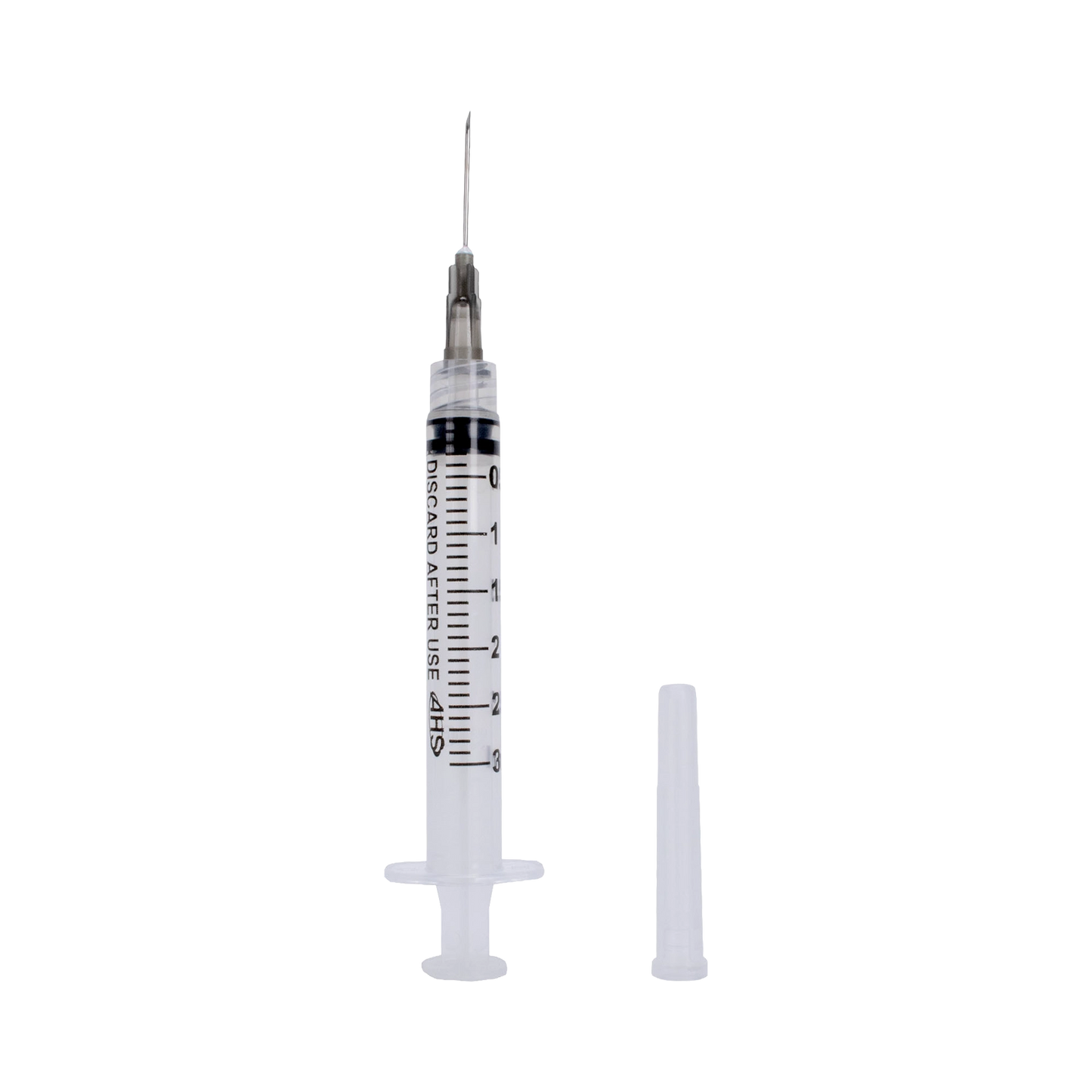 Syringe & Needle, 3mL, Luer Lock, Hypodermic, Vet Use, by American Health Service,"Clear syringe with attached needle and separate cap"