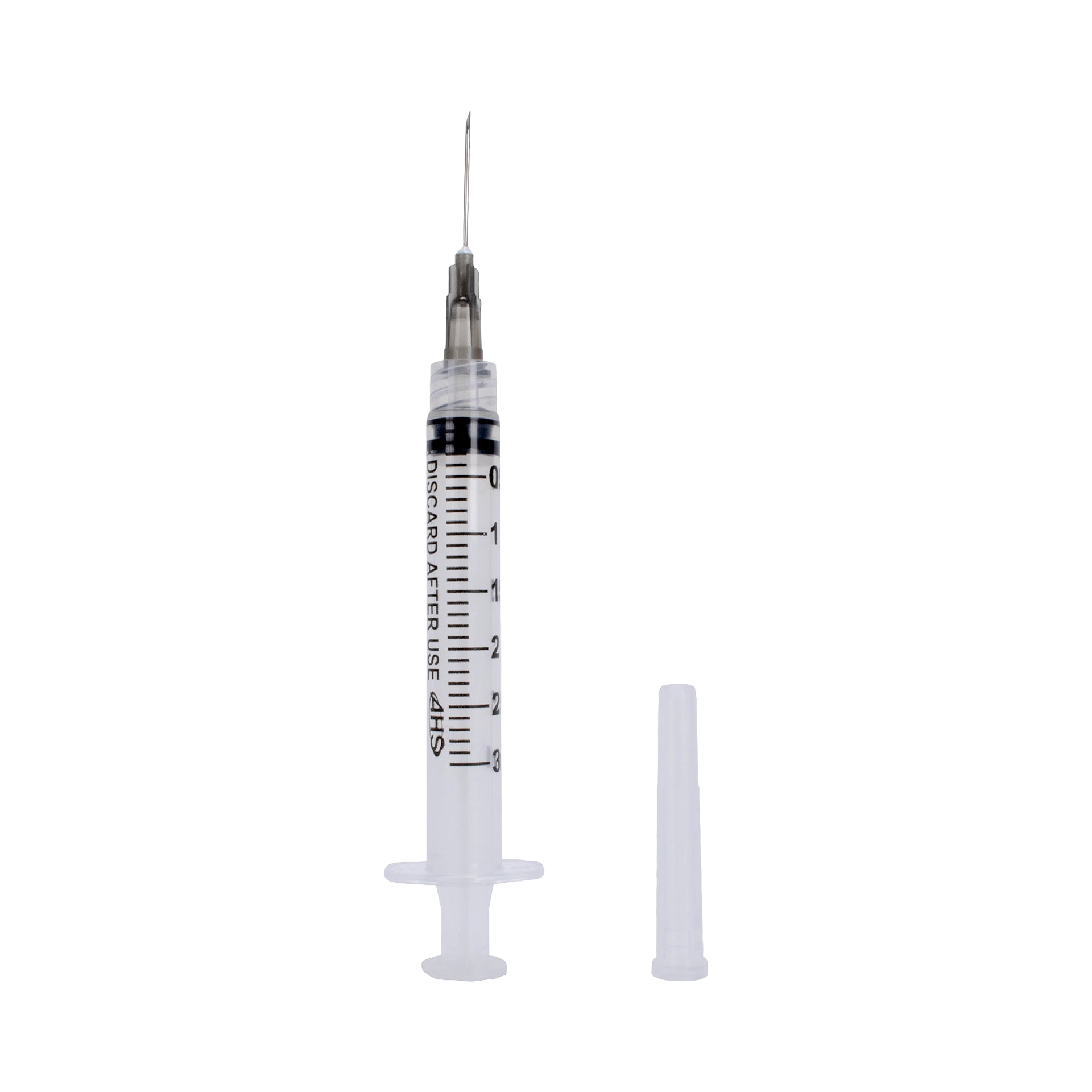 Syringe & Needle, 3mL, Luer Lock, Hypodermic, Vet Use, by American Health Service,"Clear syringe with attached needle and separate cap"